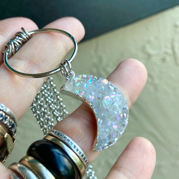 Moon crystal necklace . Stainless steel chains druzy aura quartz moon charm boho - Picture 4 of 15